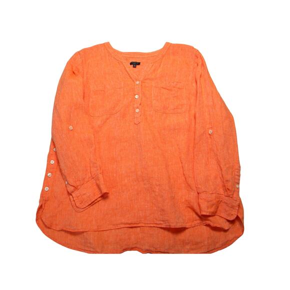 Talbots Orange Linen Henley Blouse Top Roll Tab Long Sleeve XL Petite‎ Casual - Picture 1 of 5